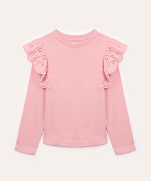 blusa infantil manga longa babado laise rosa
