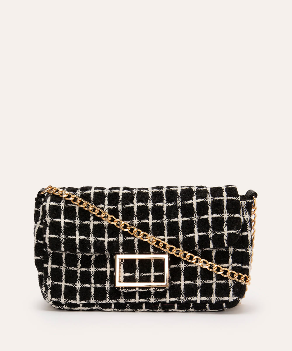 bolsa crossbody de tweed alça corrente preto