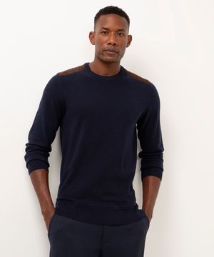 suéter de tricot com recorte de suede azul marinho