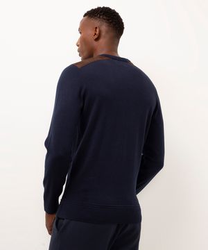suéter de tricot com recorte de suede azul marinho