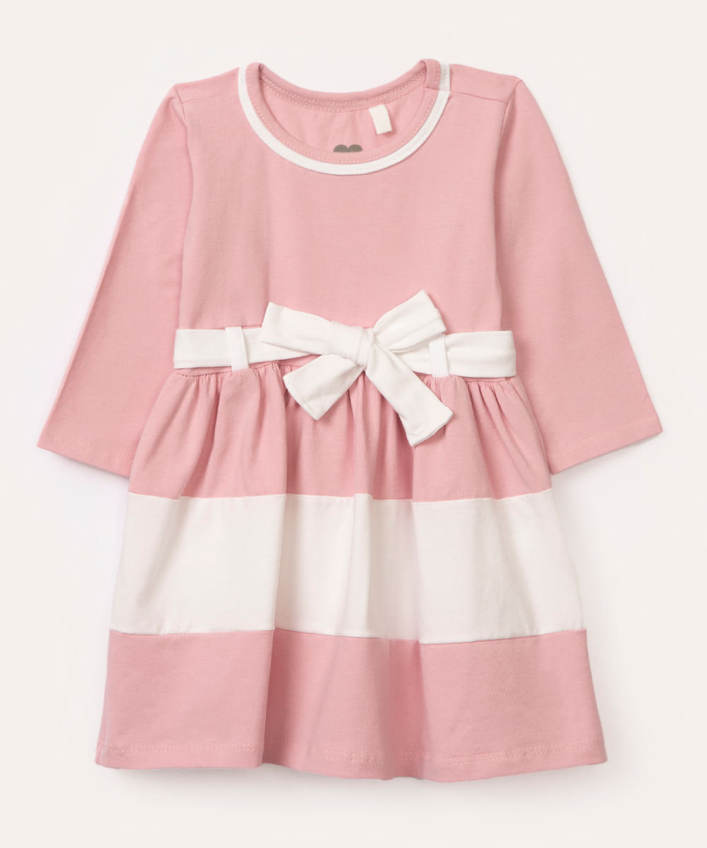 vestido de algodão infantil com laço rosa