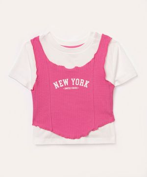 blusa de algodão infantil com sobreposição manga curta pink