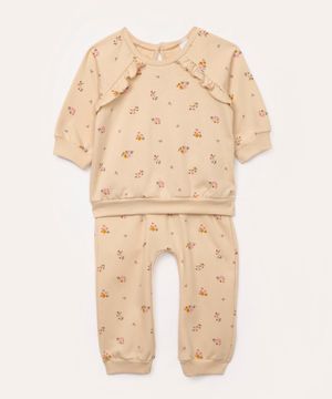 conjunto de moletom infantil floral bege