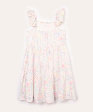 vestido infantil floral com babado off white