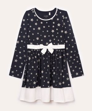 vestido de algodão infantil estrelas com brilho azul marinho