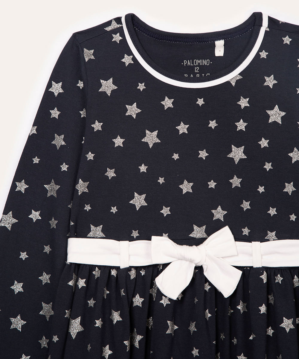 vestido de algodão infantil estrelas com brilho azul marinho