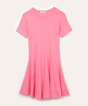 vestido de algodão juvenil evasê manga curta rosa claro