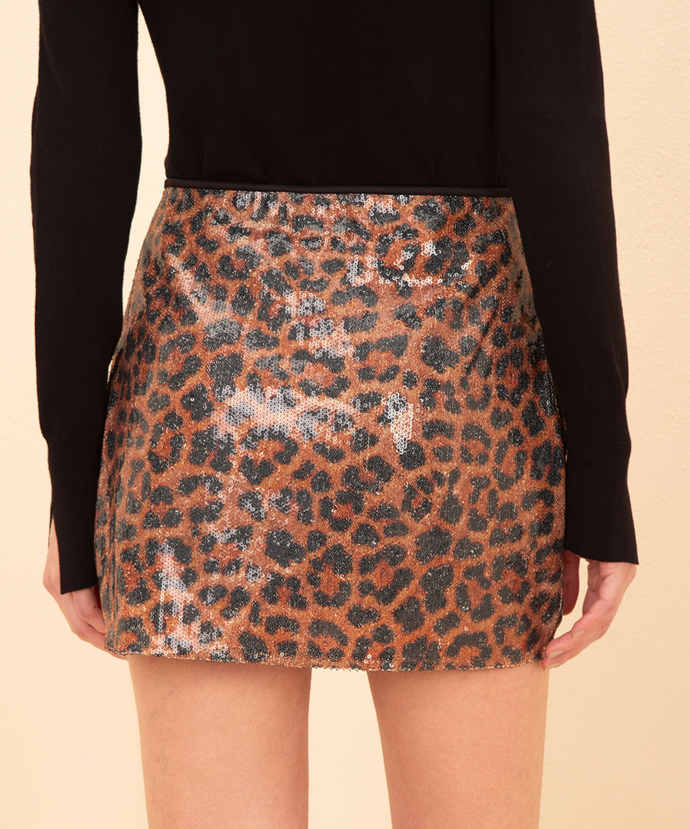 minissaia de paetê animal print mindset colorido
