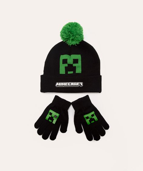 kit de gorro infantil de tricot minecraft  + luva preto