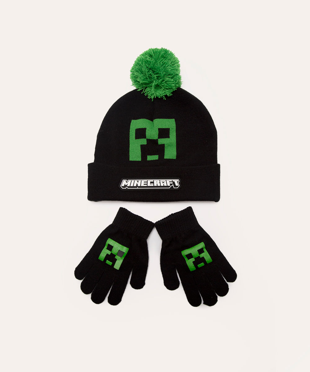 kit de gorro infantil de tricot minecraft  + luva preto