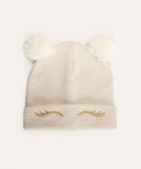 gorro infantil bordado com pompons off white