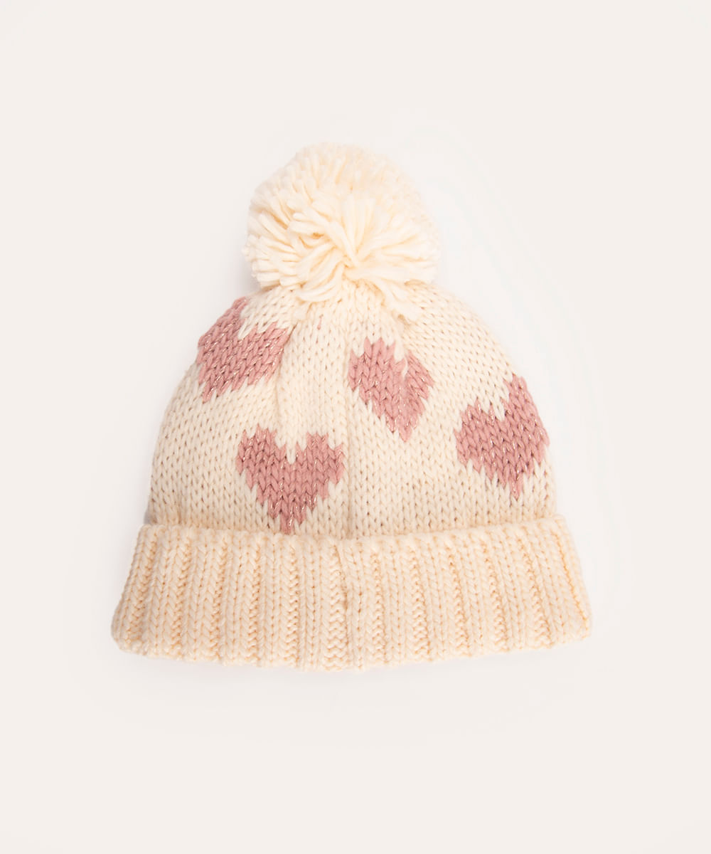 gorro infantil corações com pompom off white