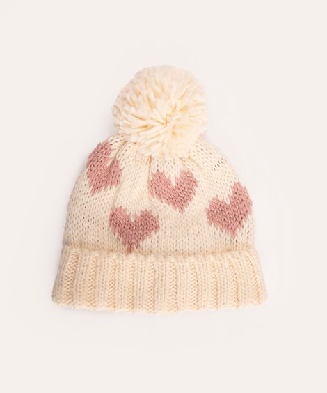 gorro infantil corações com pompom off white