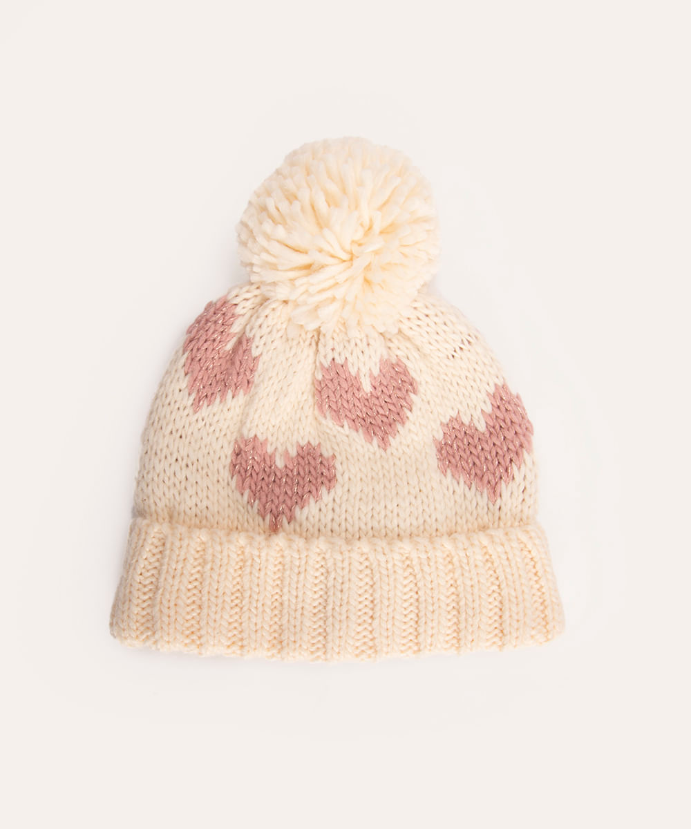 gorro infantil corações com pompom off white