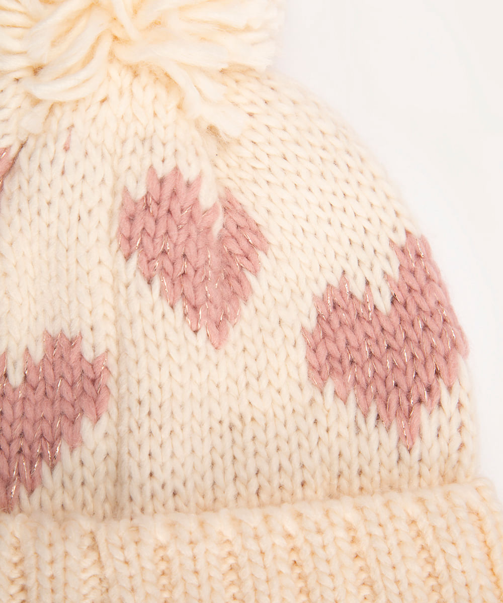 gorro infantil corações com pompom off white