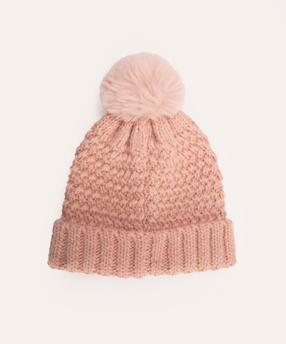gorro infantil de tricot lurex com pompom rosê
