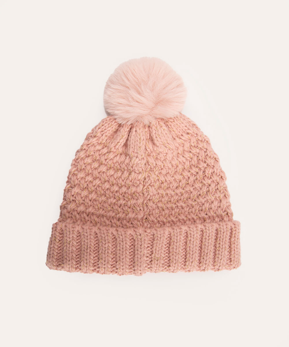 gorro infantil de tricot lurex com pompom rosê
