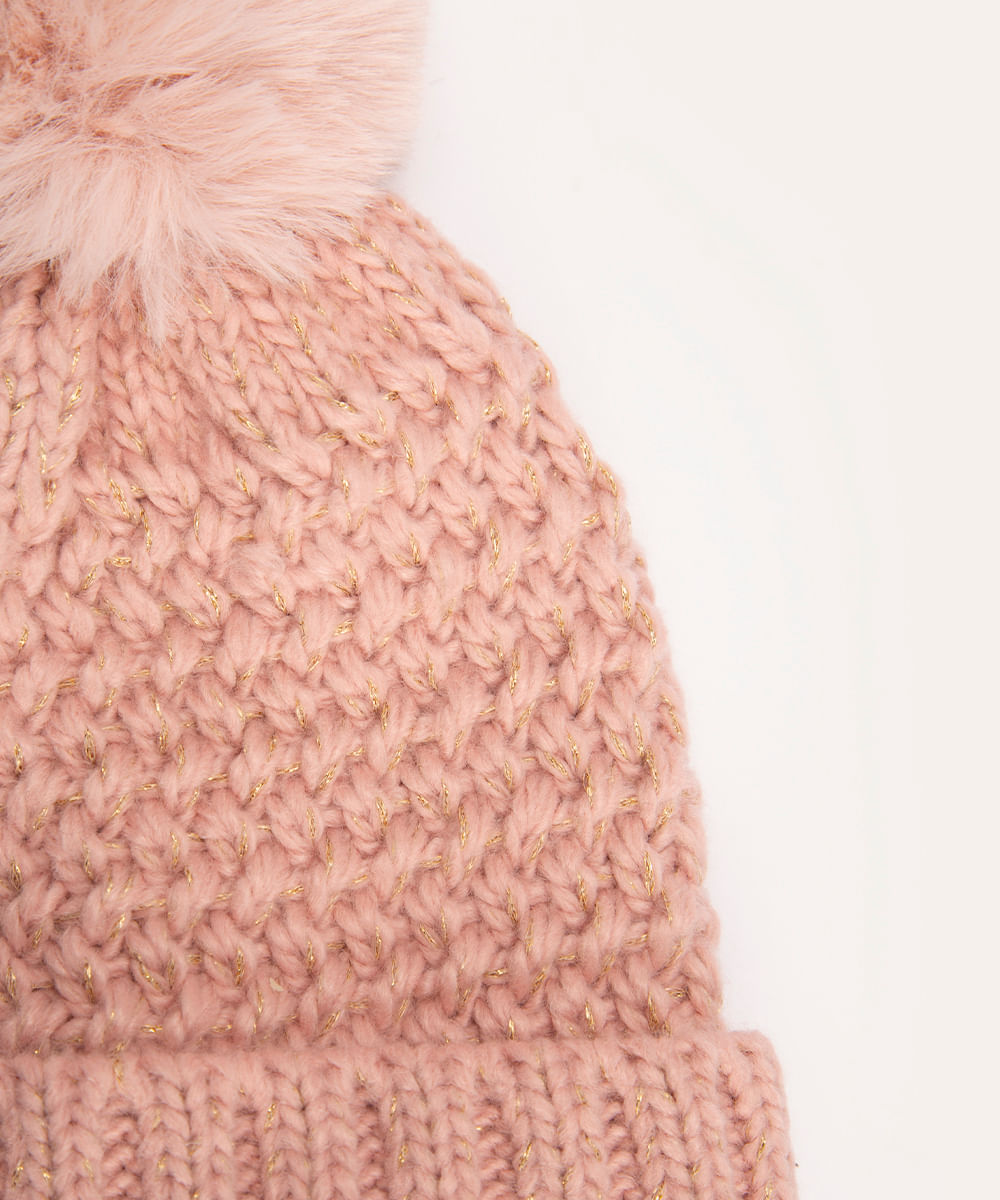 gorro infantil de tricot lurex com pompom rosê