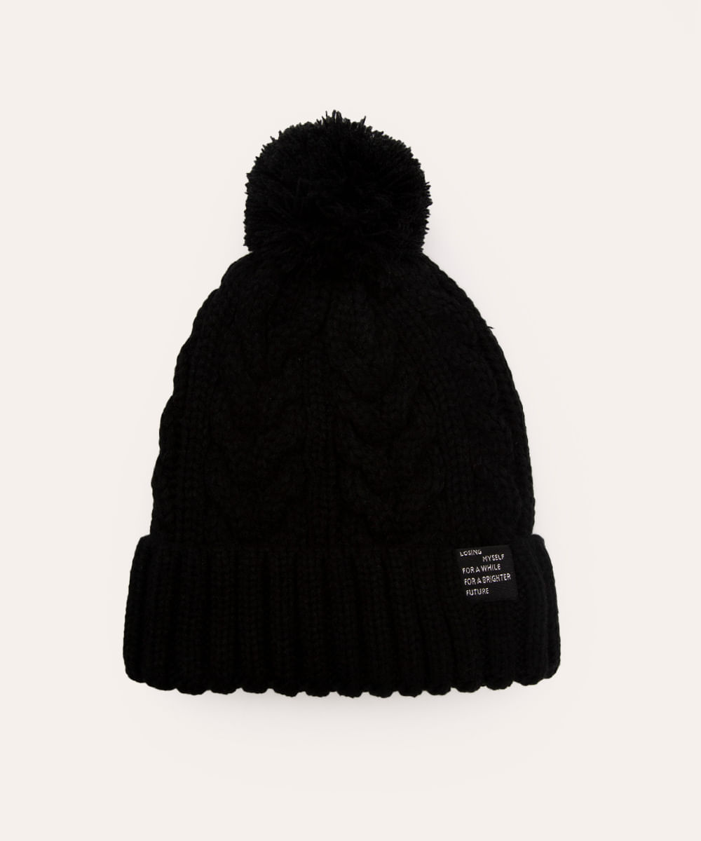 gorro juvenil de tricot trançado com pompom preto
