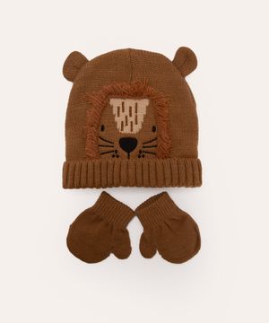 gorro infantil leão com luvas marrom