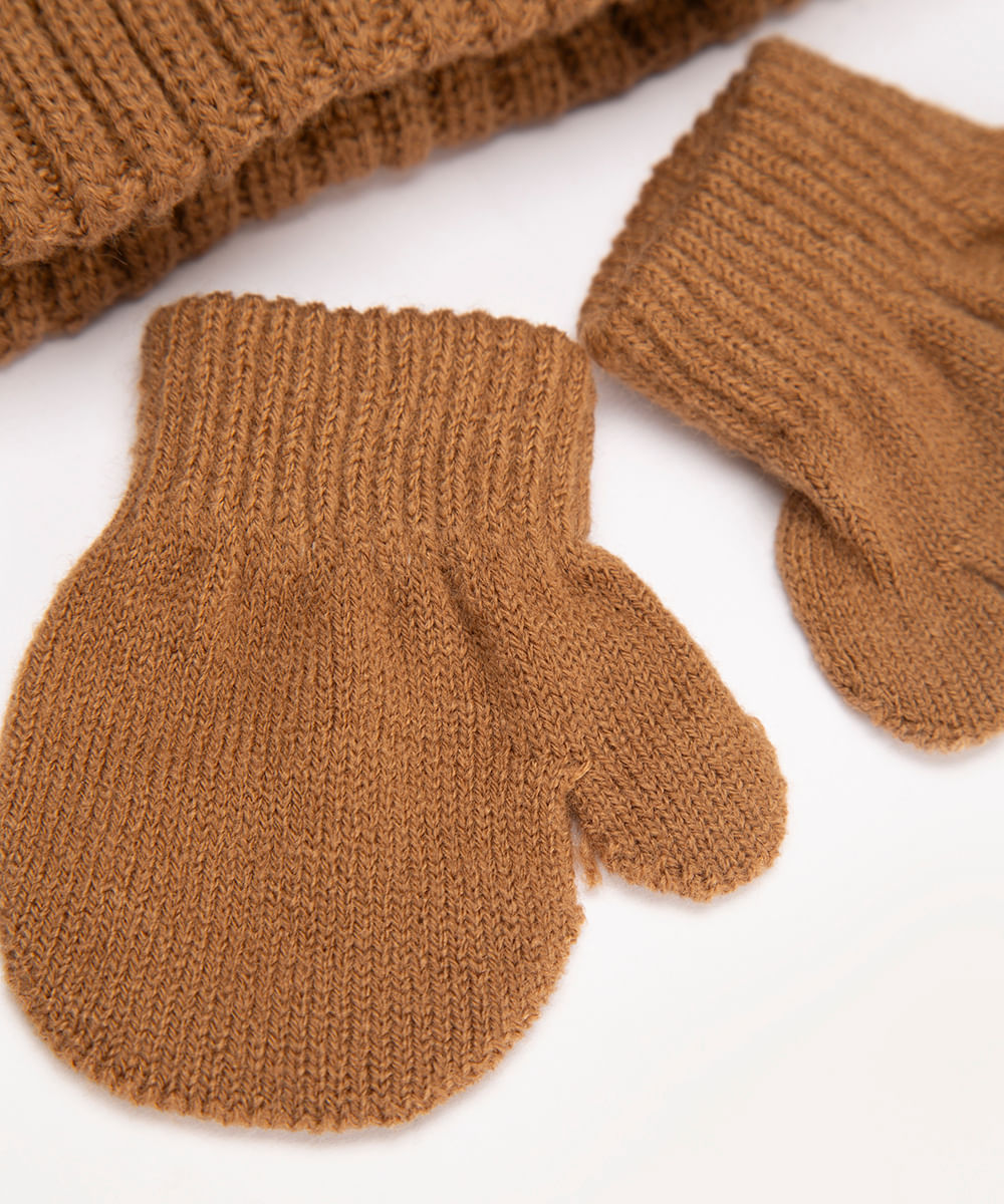 gorro infantil leão com luvas marrom