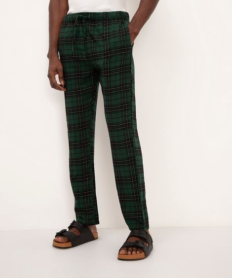 calça reta flanelada xadrez com elástico verde