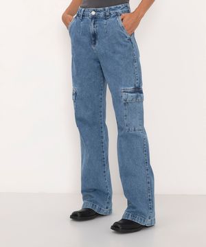 calça jeans wide leg slim cargo cintura alta azul