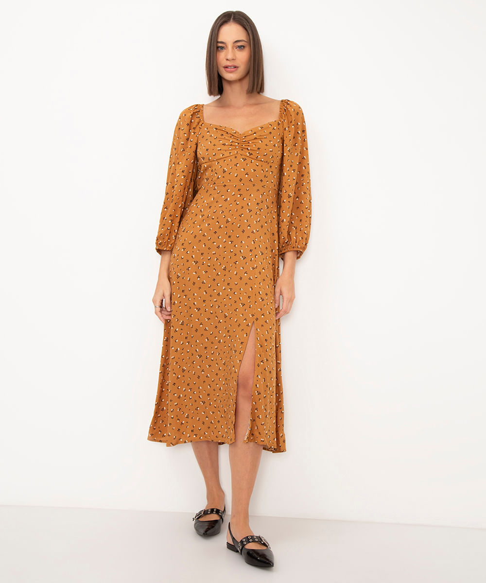 vestido midi de viscose floral terracota