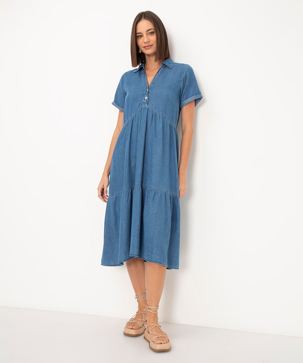 vestido jeans midi com recorte jeans escuro