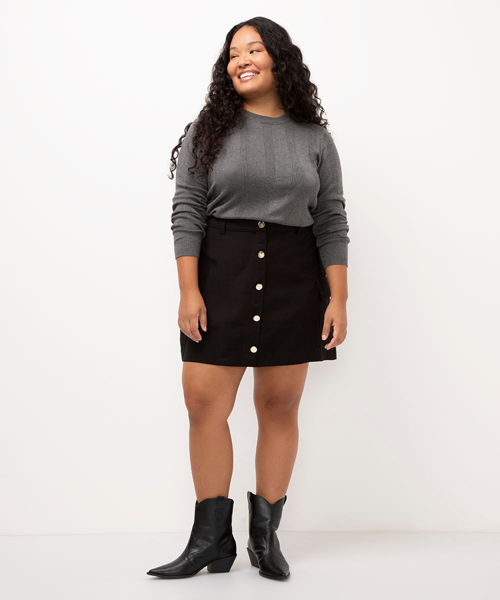 suéter de tricot plus size canelado - CINZA MESCLA