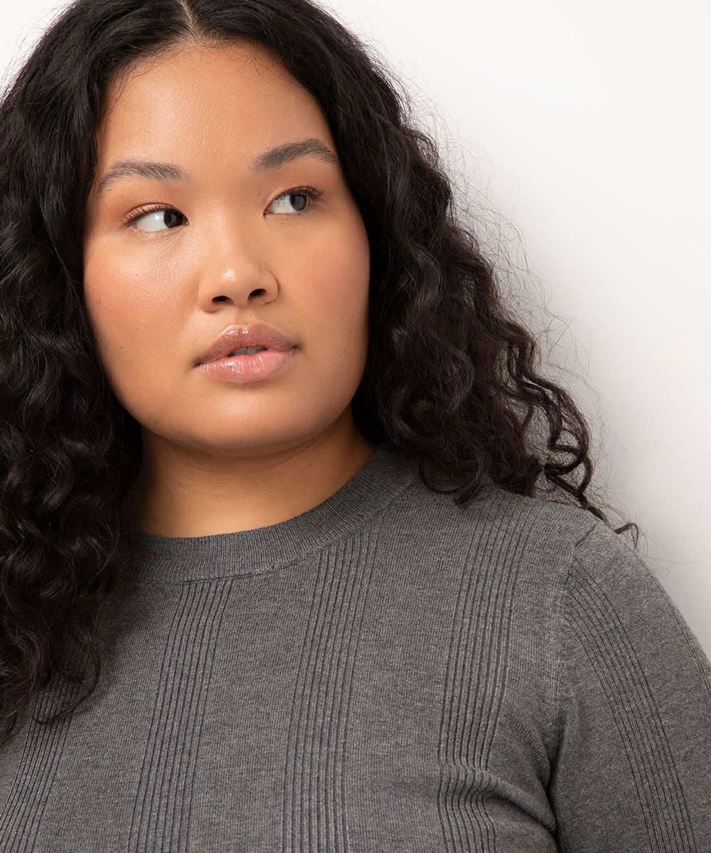 suéter de tricot plus size canelado - CINZA MESCLA