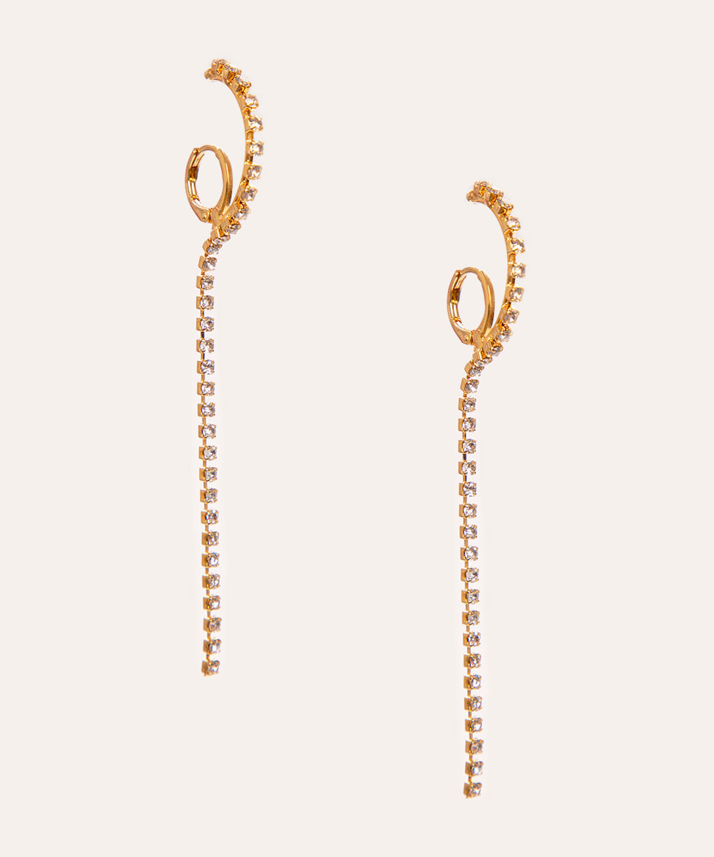 brinco alongado fio de strass dourado