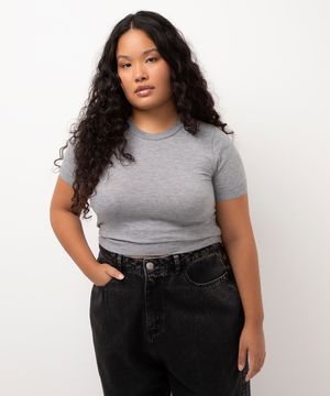 blusa de tricot plus size manga curta mindset cinza