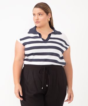 blusa de tricot listrada plus size bege