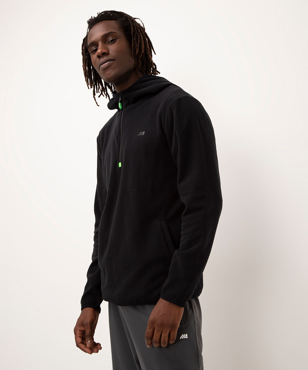 blusa polar fleece com capuz preto