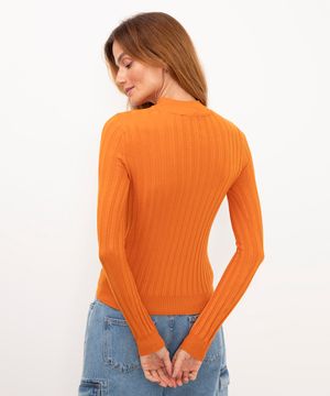 suéter de tricô canelado gola alta vermelho - laranja