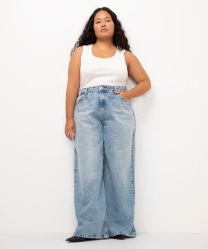 calça jeans plus size super wide leg cintura média azul