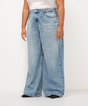 calça jeans plus size super wide leg cintura média azul