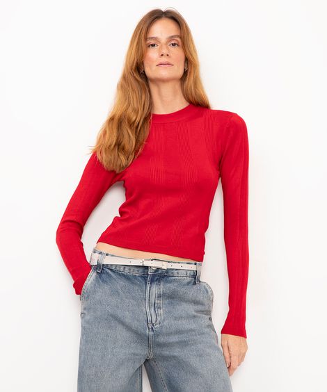 suéter básico de tricot canelado - vermelho