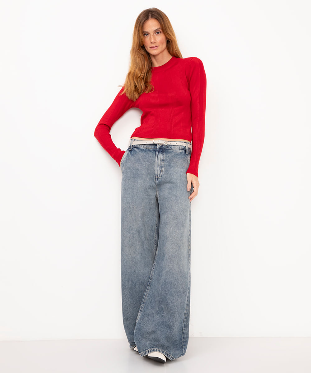 suéter básico de tricot canelado - vermelho