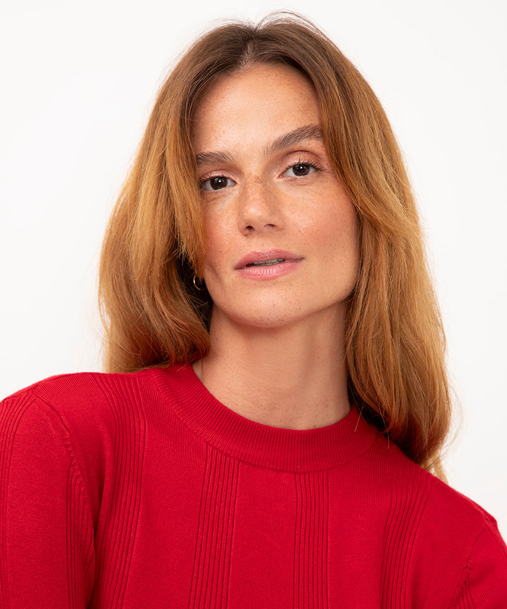 suéter básico de tricot canelado - vermelho