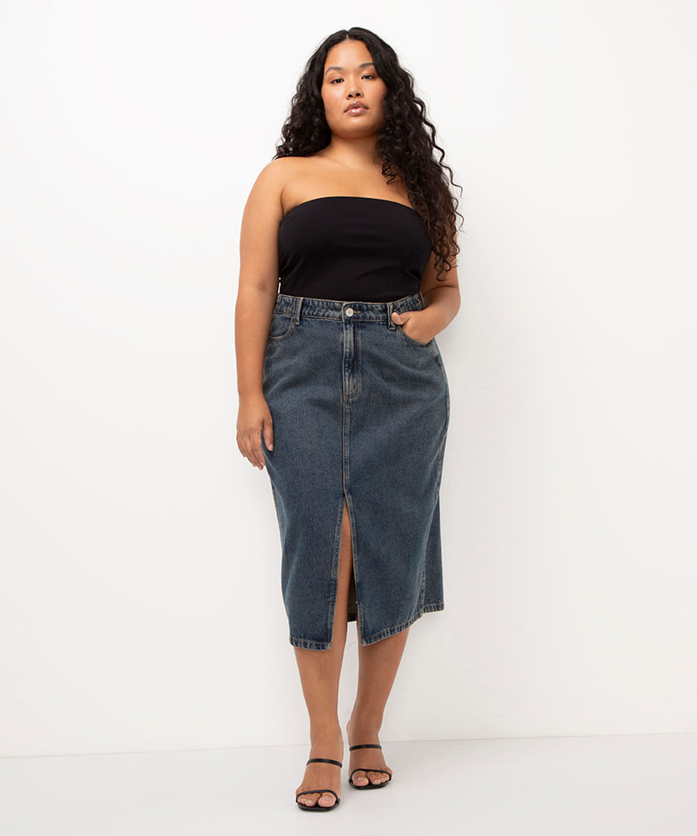 saia jeans plus size midi com fenda azul escuro