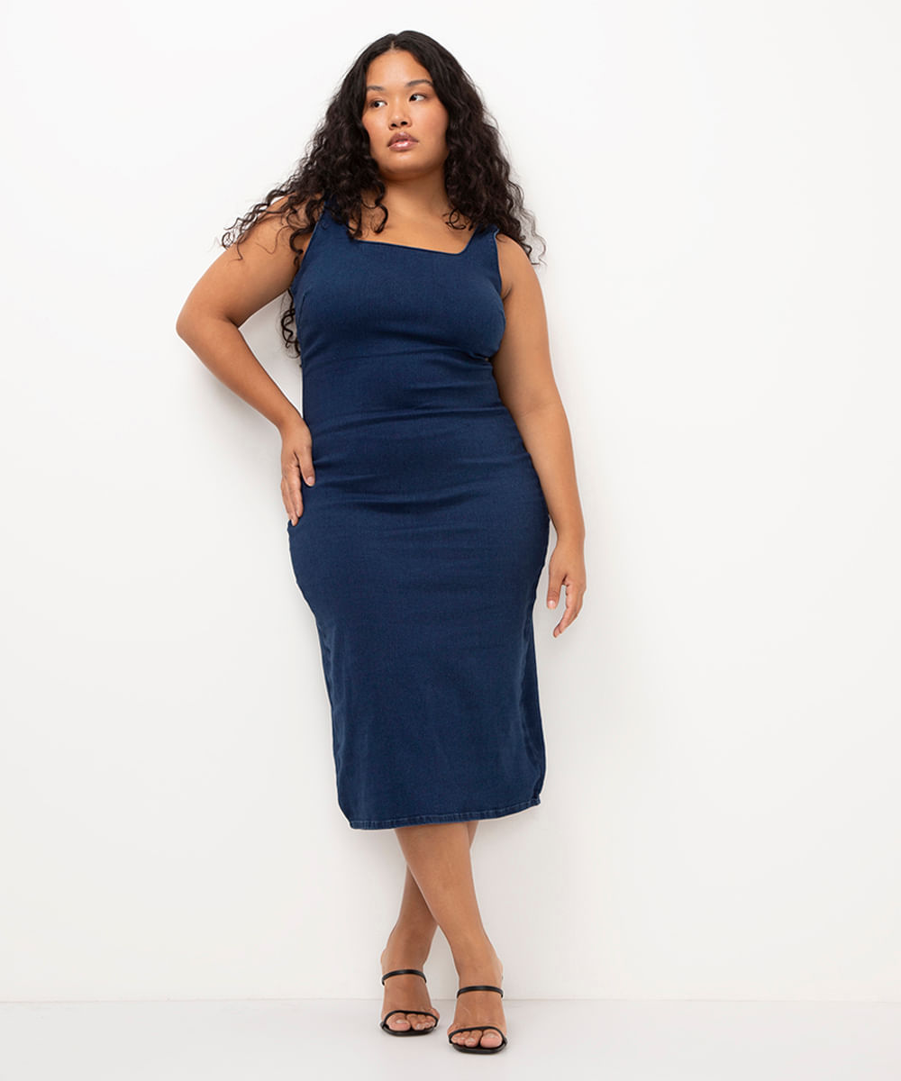 vestido jeans plus size midi azul