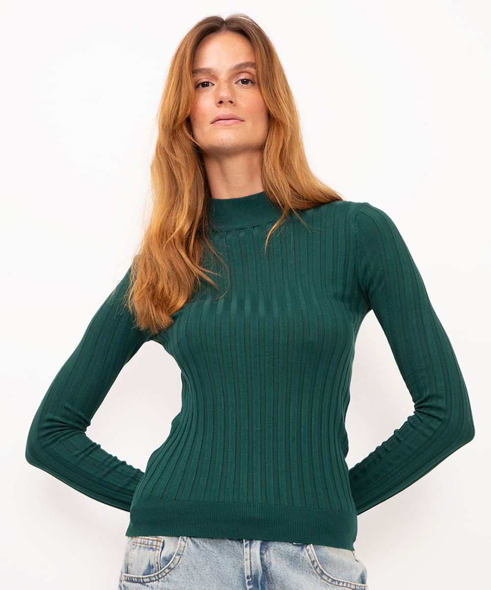 suéter de tricô canelado gola alta vermelho - verde escuro