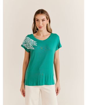 Blusa Malha Bordado Folha - Verde Bandeira