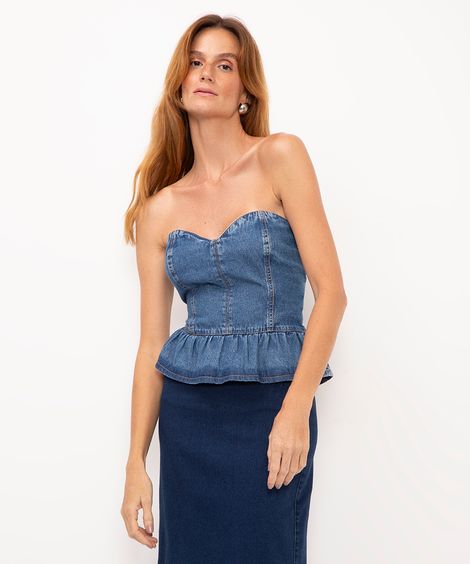 blusa jeans sem alça peplum azul