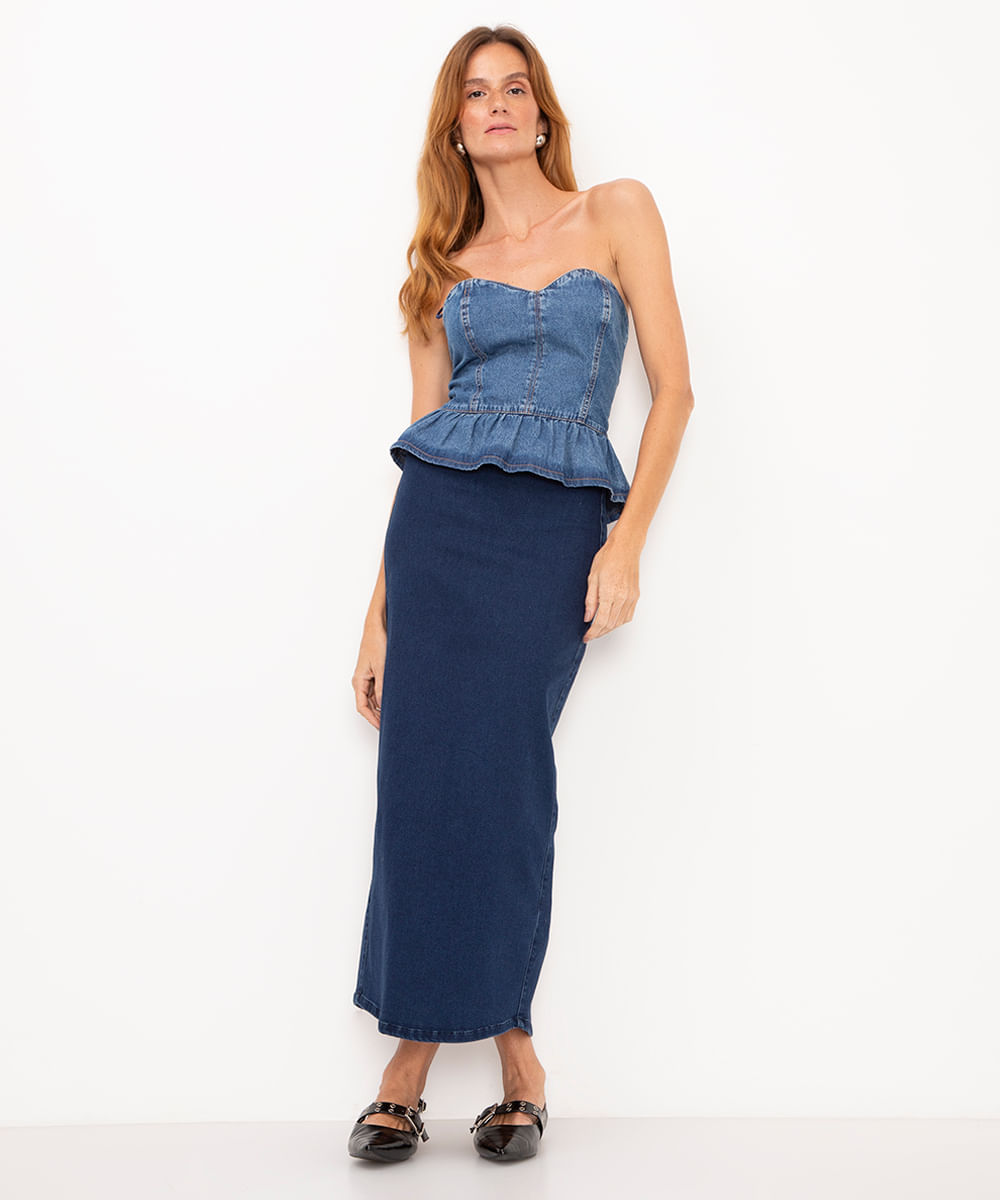 blusa jeans sem alça peplum azul