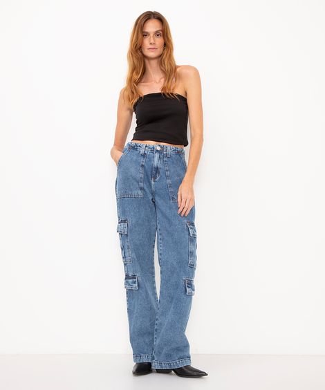 calça jeans cargo cintura média azul