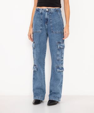 calça jeans cargo cintura média azul