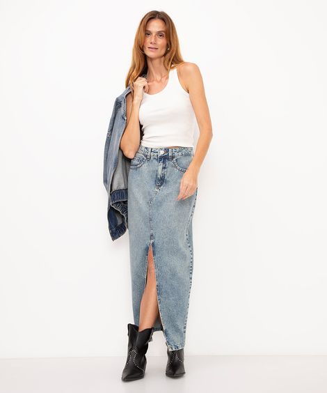 saia jeans midi com fenda cintura alta azul